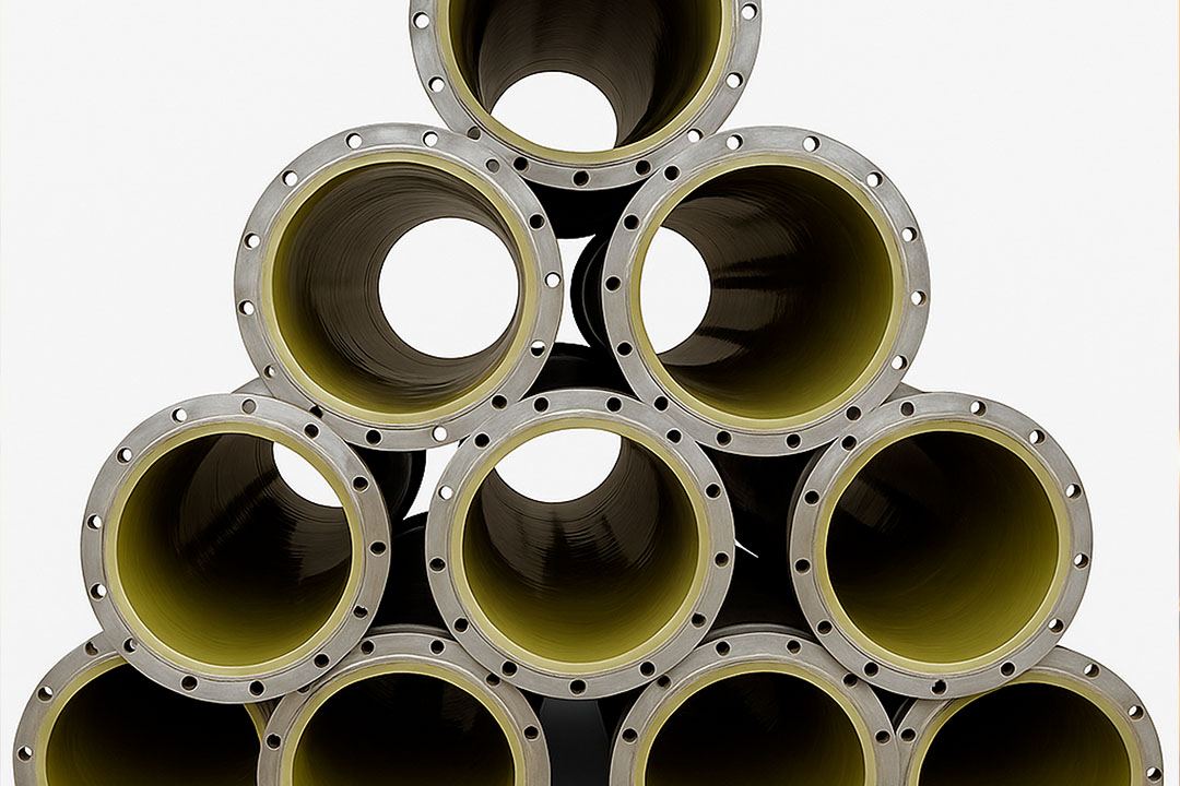 Tubos com flange e revestimento interno de poliuretano empilhados